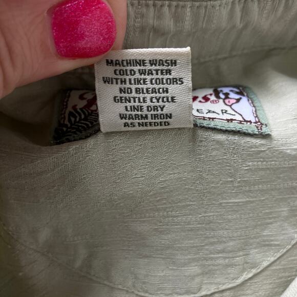 VTG Big Dogs Resortwear 100% Silk Top Sz M Pale Green Button Up Tropical Coastal - Picture 10 of 13